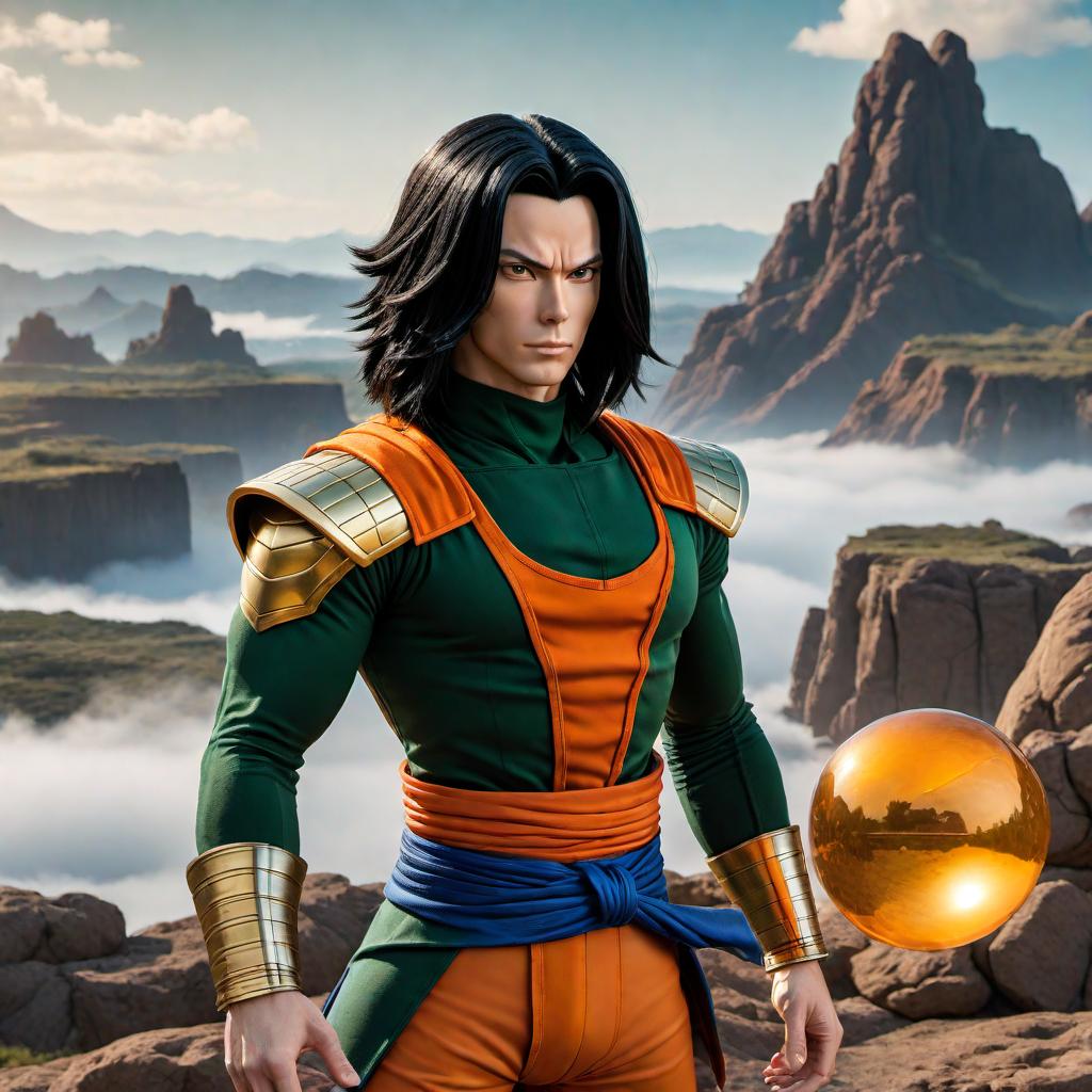  A detailed image of Android 17 from Dragon Ball Z. He should be in his iconic outfit with the black shirt, blue jeans, green socks, and orange scarf. He should have a confident and determined look on his face. The background can be a dynamic, futuristic landscape or a battleground scene from the series. hyperrealistic, full body, detailed clothing, highly detailed, cinematic lighting, stunningly beautiful, intricate, sharp focus, f/1. 8, 85mm, (centered image composition), (professionally color graded), ((bright soft diffused light)), volumetric fog, trending on instagram, trending on tumblr, HDR 4K, 8K