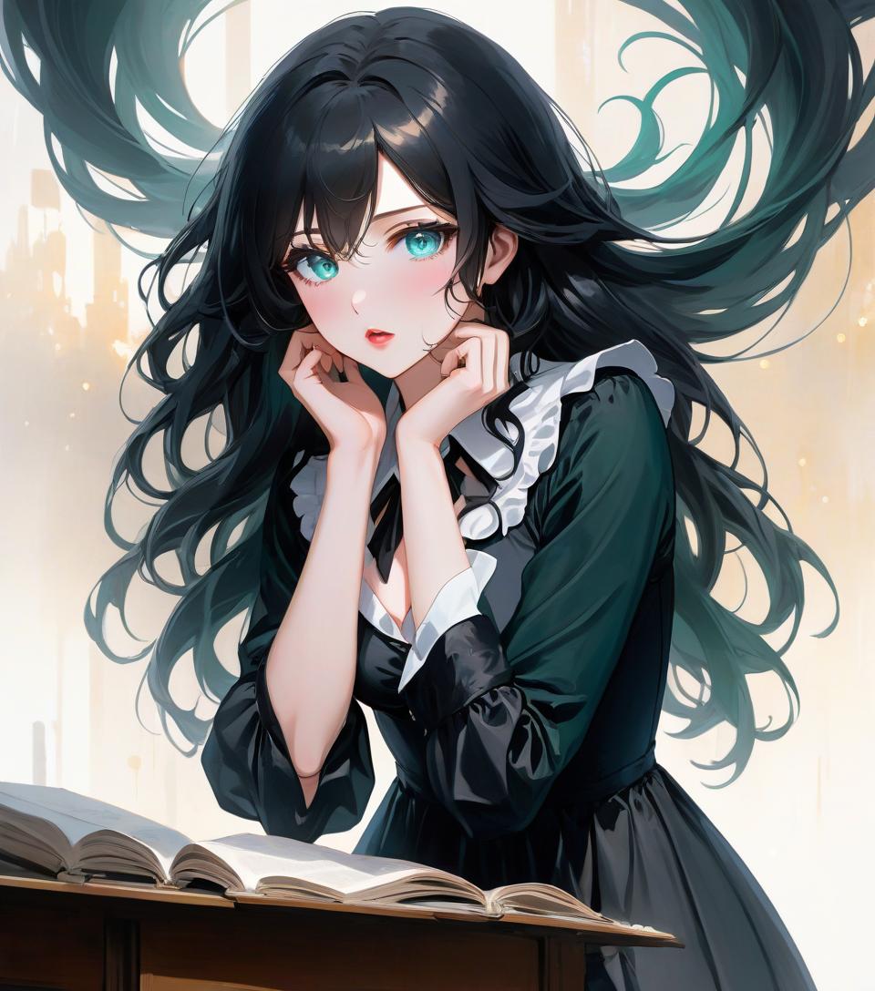  anime artwork beautiful , , white skinned, European, blue eyes, long black wavy hair, slender figure, small neat s, dressed in a black dress with a white collar and white cuffs, full length, foggy background(photorealism, oil painting: 1.3), (full length shot: 1.3), charming , long flowing black hair, (large sensual mouth: 1.2), plump lips, sparkling emerald eyes , narrow waist, (sensual drawing: 1.2), silvery glow, ethereal aura, detailed brushwork, intricate shadows and highlights, mysterious and captivating expression, unique color palette, masterful use of light and shadow, captivating atmosphere, pure emotion, intense gaze, dynamic composition. . anime style, key visual, vint, studio anime, highly d hyperrealistic, full body, detailed clothing, highly detailed, cinematic lighting, stunningly beautiful, intricate, sharp focus, f/1. 8, 85mm, (centered image composition), (professionally color graded), ((bright soft diffused light)), volumetric fog, trending on instagram, trending on tumblr, HDR 4K, 8K