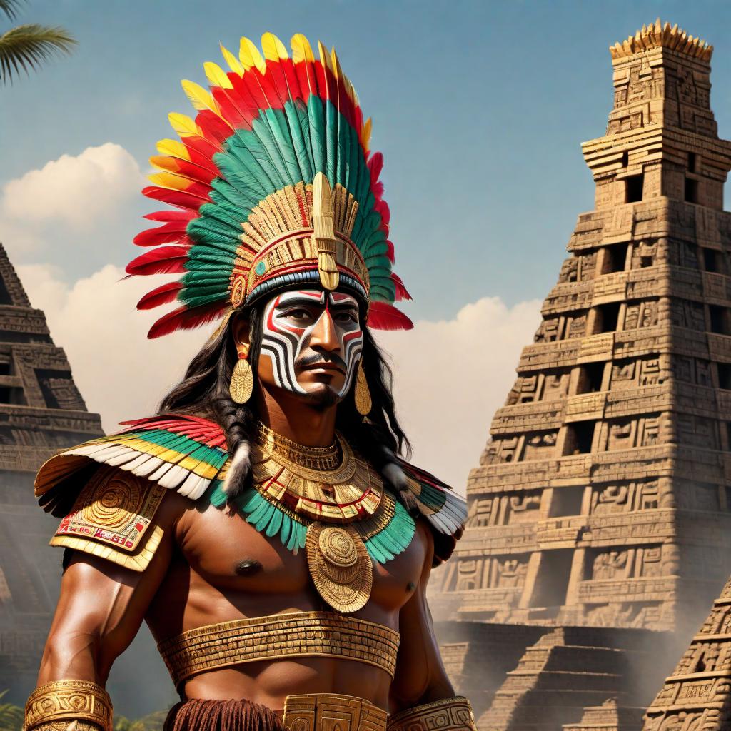  A detailed and majestic portrayal of Montezuma, the famous Aztec emperor of America, dressed in traditional regal attire. Montezuma is adorned with luxurious feathers, gold, and jade jewelry, including an elaborate headdress with vibrant colors. He stands in a grand ceremonial setting, with Aztec architecture in the background, such as pyramids and temples. Other elements include rich vegetation, sacred fires, and various Aztec symbols. The setting sun casts a golden hue, highlighting Montezuma's authority and the splendor of the Aztec civilization. hyperrealistic, full body, detailed clothing, highly detailed, cinematic lighting, stunningly beautiful, intricate, sharp focus, f/1. 8, 85mm, (centered image composition), (professionally color graded), ((bright soft diffused light)), volumetric fog, trending on instagram, trending on tumblr, HDR 4K, 8K