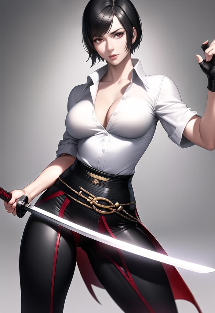  black hair, very short hair, woman, older sister, mature, white dress shirt, red corset, black leather pants, long Japanese sword, muscular, accurate eyes, accurate hands, Japanese armor on shoulders and arms, (Masterpiece, BestQuality:1.3), (ultra detailed:1.2), (hyperrealistic:1.3), (RAW photo:1.2),High detail RAW color photo, professional photograph, (Photorealistic:1.4), (realistic:1.4), ,professional lighting, (japanese), beautiful face, (realistic face)