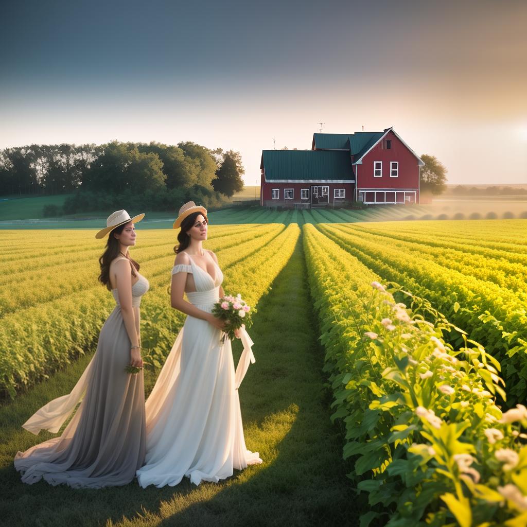  2 American FARM GIRLS, FARMHOUSE, bulls in Background, Tractor in background, Clean face details hyperrealistic, full body, detailed clothing, highly detailed, cinematic lighting, stunningly beautiful, intricate, sharp focus, f/1. 8, 85mm, (centered image composition), (professionally color graded), ((bright soft diffused light)), volumetric fog, trending on instagram, trending on tumblr, HDR 4K, 8K