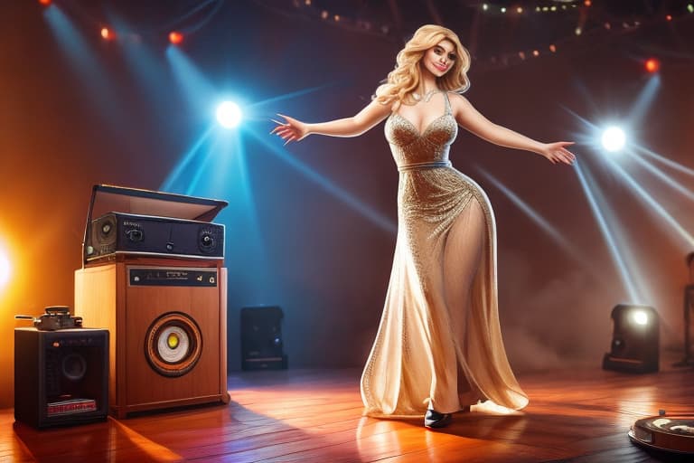  A pretty woman with blond hair parted on the side, happy, dancing, flowing dress, in a sunny room with a record player behind her hyperrealistic, full body, detailed clothing, highly detailed, cinematic lighting, stunningly beautiful, intricate, sharp focus, f/1. 8, 85mm, (centered image composition), (professionally color graded), ((bright soft diffused light)), volumetric fog, trending on instagram, trending on tumblr, HDR 4K, 8K
