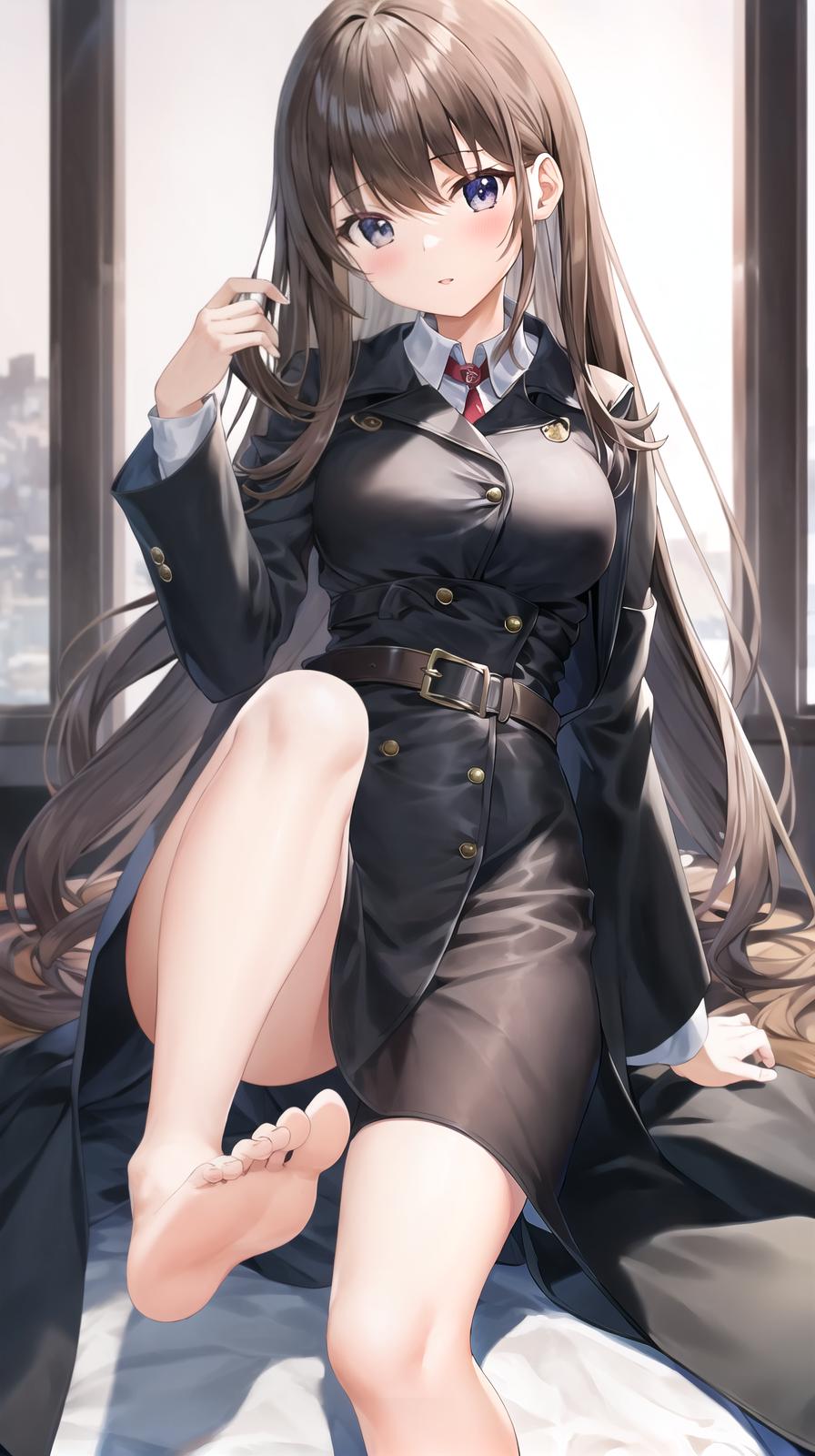  master piece , best quality,High school girl, submachine gun, bare feet, black coat, brown bobbed hair.