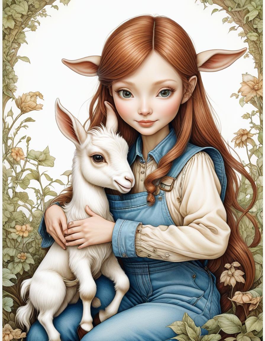  Naoto Hattori, (Wendy Froud), ((coloring style)), sticker, black lines on a white background, { Fairytale girl in Tilda Doll style with long hair, denim overalls, sitting next to and hugging a cute baby goat)) }, drawing with black marker on a white background , mysticism, fairy tale, fantasy, good detail, good drawing, cartoon style, clear contours, attractiveness, Graciela Rodo Boulanger, Bill Pocket, (Wendy Froud) rocking horse hyperrealistic, full body, detailed clothing, highly detailed, cinematic lighting, stunningly beautiful, intricate, sharp focus, f/1. 8, 85mm, (centered image composition), (professionally color graded), ((bright soft diffused light)), volumetric fog, trending on instagram, trending on tumblr, HDR 4K, 8K