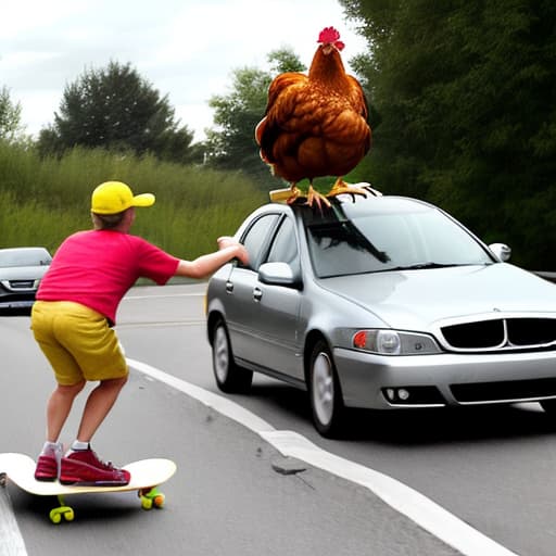  2 chickens dancing on their skateboards in heavy car traffic. motorists are laughing. the one skateboard is red and the other is green.