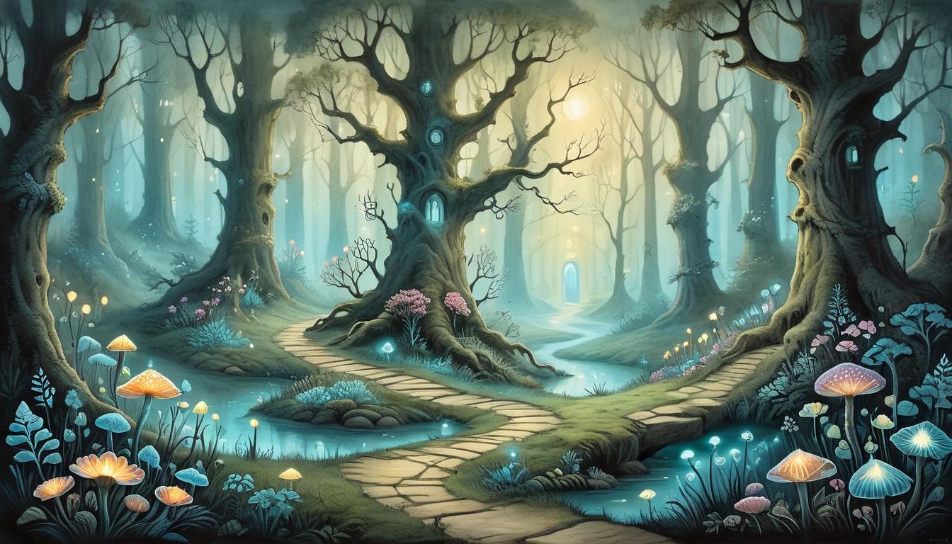  on parchment, surrealism+++, Enchanted woodland with ancient trees, bioluminescent flowers casting a soft glow, winding path through the forest, magical, serene(mysterious, provocative, symbolic,muted color)+++