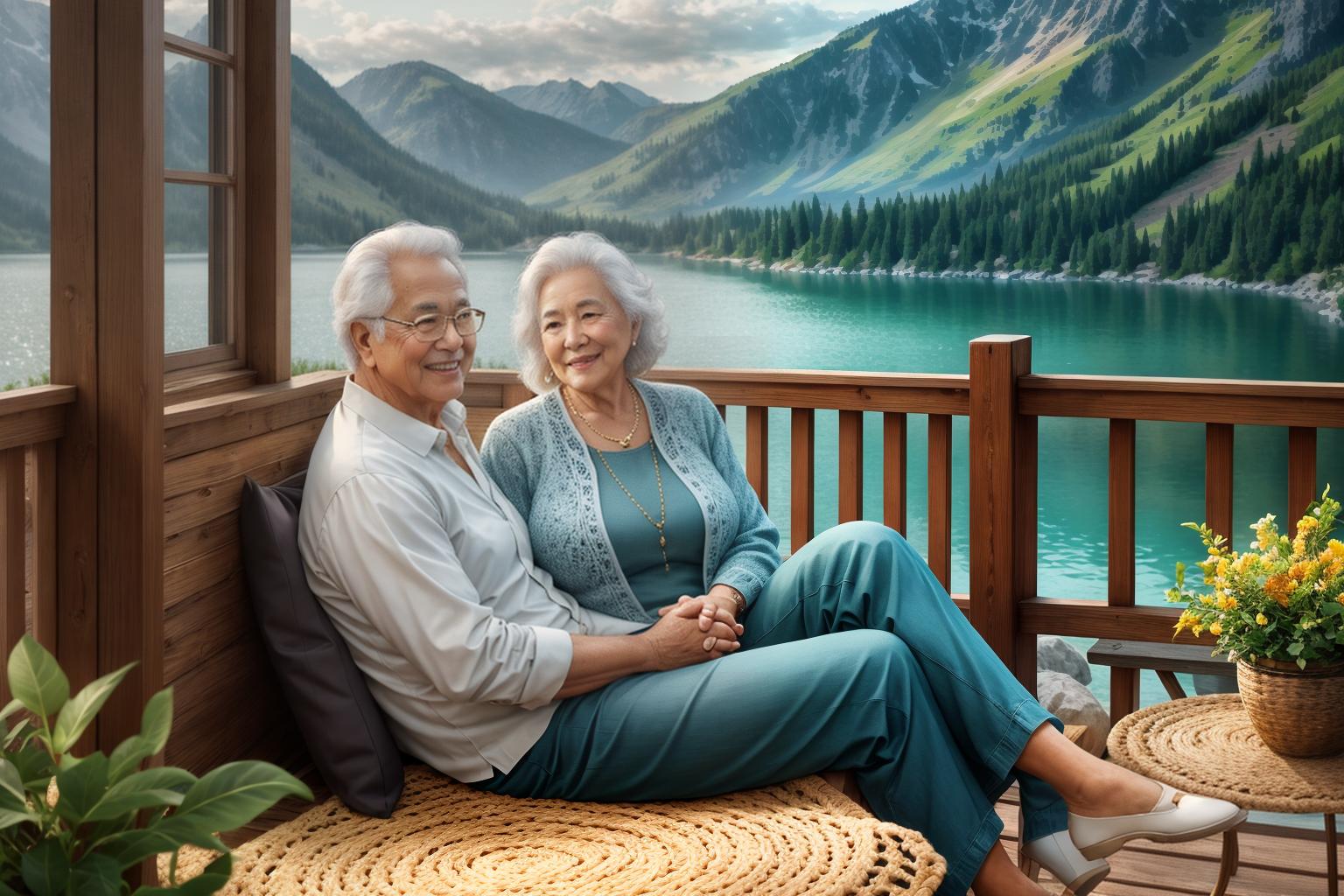  "Closeup of a serene elderly couple sitting on a cozy porch, overlooking a picturesque lake surrounded by lush greenery and mountains in the background. The couple is smiling, holding hands, and enjoying a peaceful moment. The lighting is warm and golden, evoking a sense of tranquility and contentment. The background is slightly blurred to keep the focus on the couple, but still detailed enough to showcase the natural beauty of the location. The image is highly realistic, with rich textures and vibrant colors, capturing the essence of an ideal retirement setting. Style: photorealistic, high quality, warm mood."Ensure no face,leg,hand or eye defomities.Ensure all images are clear, detailed, contains no text and no deformities. realistic, hig hyperrealistic, full body, detailed clothing, highly detailed, cinematic lighting, stunningly beautiful, intricate, sharp focus, f/1. 8, 85mm, (centered image composition), (professionally color graded), ((bright soft diffused light)), volumetric fog, trending on instagram, trending on tumblr, HDR 4K, 8K