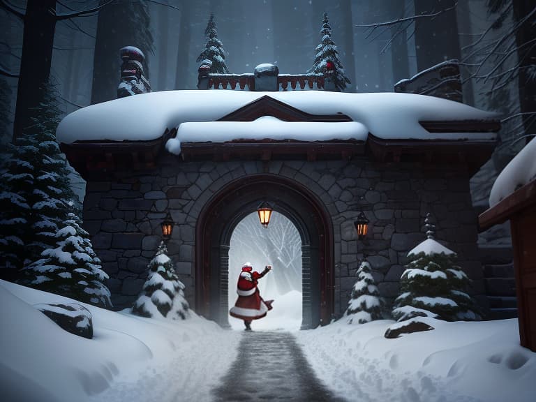  A jolly Santa Claus appearing from a snowy hole in the wall looking right at us surrounded by falling snowflakes is done in a whimsical, festive style.Snow stones are flying from the wall, dark , creepy , blood , monsters , by Jason Engle , Carlos Huante , Charlie Bowater , Simon Lee , Brom hyperrealistic, full body, detailed clothing, highly detailed, cinematic lighting, stunningly beautiful, intricate, sharp focus, f/1. 8, 85mm, (centered image composition), (professionally color graded), ((bright soft diffused light)), volumetric fog, trending on instagram, trending on tumblr, HDR 4K, 8K