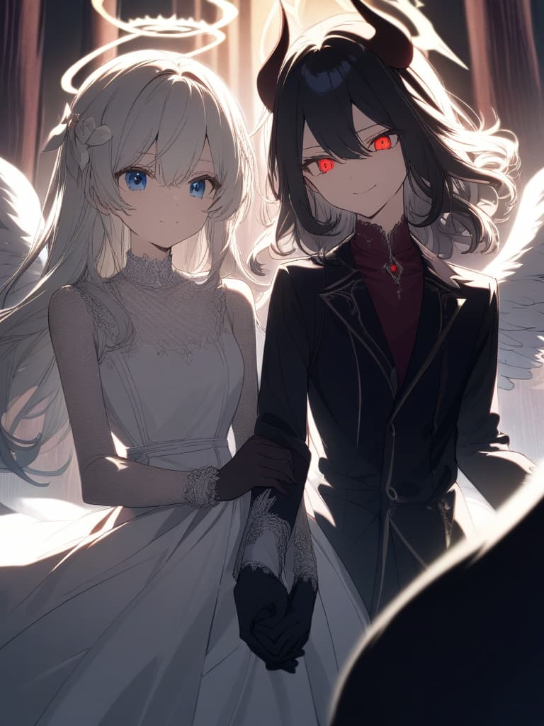  ((Angel and devil,angel,devil,facing each other,s together,y,tempting,devil on the right,angel on the left,holding hands,divine)),((Angel,angel wings,angel halo,halo,white dress,big s,blue eyes,white hair,perm,long hair,curly hair,beautiful,pretty ,puzzled face)),((Devil,devil wings,devil horns,devil tail,red eyes,black hair,straight long hair,big s,black dress,black gloves,devilish smile,pretty )),pretty ,cute,high quality,two people,two s,ultra detailed,best shadow,cute and beautiful face,(masterpiece:1.2),(best quality:1.2),detailed background,high contrast,(best illumination,an extremely delicate and beautiful),((cinematic light)),hyper detail,dramatic light,intricate details,8k,anime,very aesthetic、(