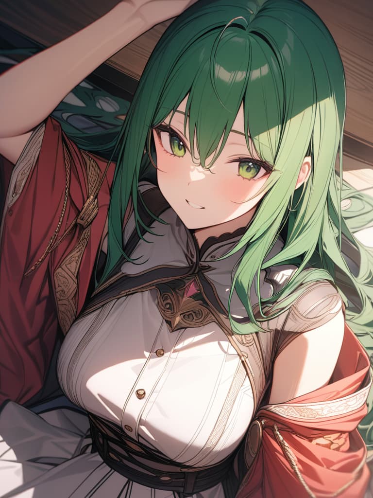  Green hair character with a bunch of Satsuki azalea, masterpiece, best quality,8k,ultra detailed,high resolution,an extremely delicate and beautiful,hyper detail