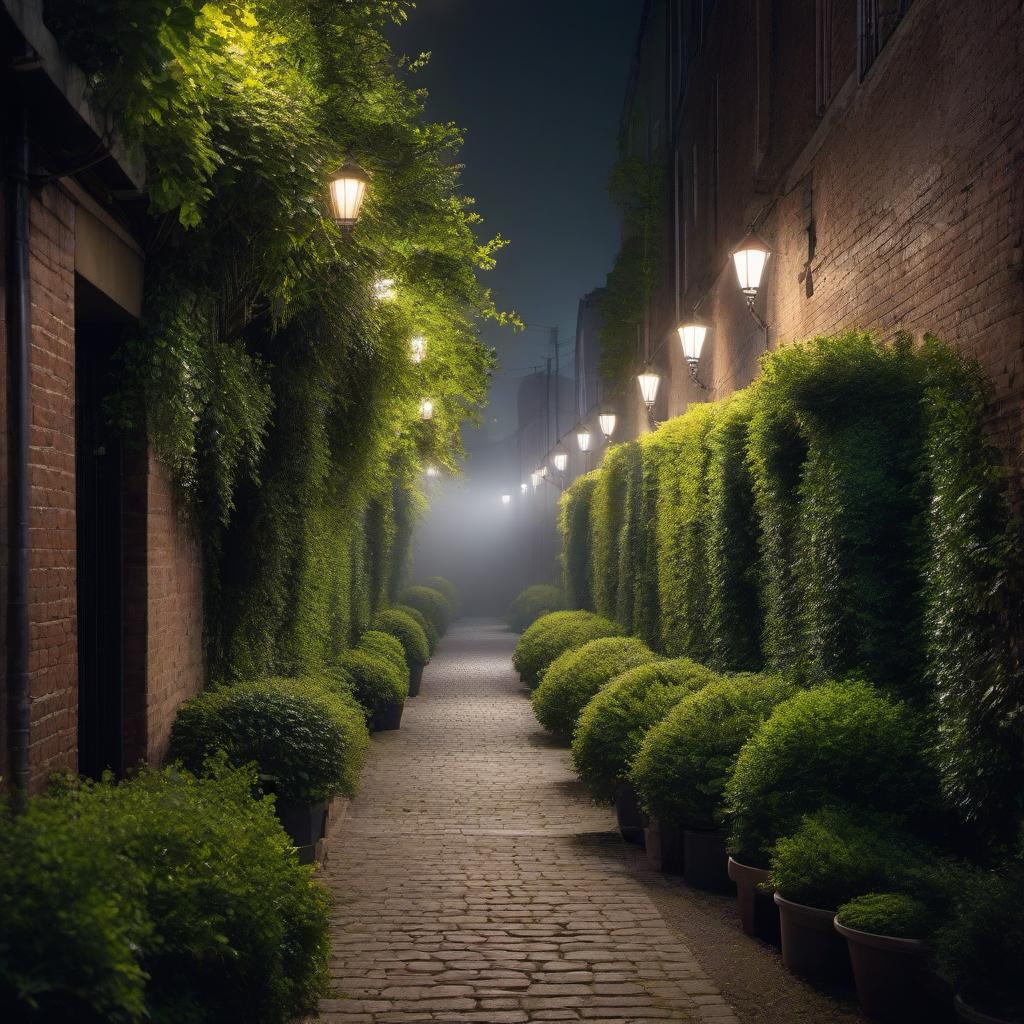  generate a photo of an alley of bushes illuminated from below by illumination at night hyperrealistic, full body, detailed clothing, highly detailed, cinematic lighting, stunningly beautiful, intricate, sharp focus, f/1. 8, 85mm, (centered image composition), (professionally color graded), ((bright soft diffused light)), volumetric fog, trending on instagram, trending on tumblr, HDR 4K, 8K