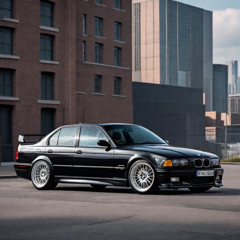  1995 BMW E36 M3 Saloon, black color. Emphasize the sleek design, sporty aesthetics, detailed headlights, signature kidney grille, and sporty alloy wheels. Place the car on a clean street background with good lighting to highlight its features. hyperrealistic, full body, detailed clothing, highly detailed, cinematic lighting, stunningly beautiful, intricate, sharp focus, f/1. 8, 85mm, (centered image composition), (professionally color graded), ((bright soft diffused light)), volumetric fog, trending on instagram, trending on tumblr, HDR 4K, 8K