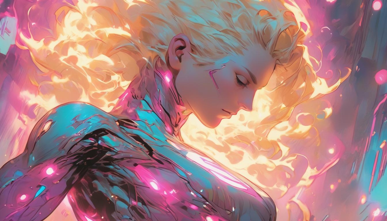  hyperrealism,fantasy aesthetic1woman, large busted attractive blonde arian female humanoid, meditative pose, colorful aura encasing her, cosmic background, high tech clothing clad in sleek, futuristic costume with metallic accents and form fitting designs, marvel superhero comics style, unreal engine rendering