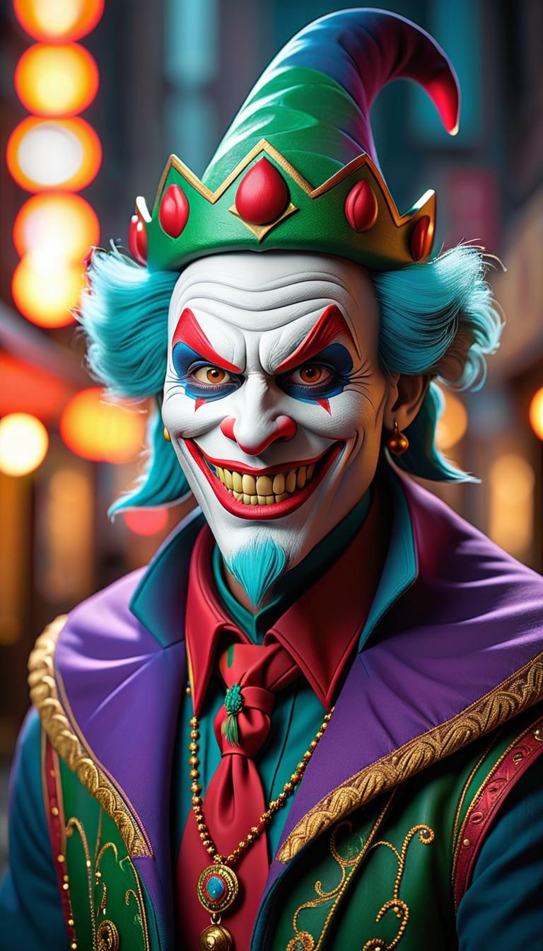  Professional 3D model of a sinister jester in a dark carnival. Dark, mysterious, scary, haunting, dramatic, ornate, detailed. . Rendered with Octane, the model is highly detailed,dramatic lighting. hyperrealistic, full body, detailed clothing, highly detailed, cinematic lighting, stunningly beautiful, intricate, sharp focus, f/1. 8, 85mm, (centered image composition), (professionally color graded), ((bright soft diffused light)), volumetric fog, trending on instagram, trending on tumblr, HDR 4K, 8K