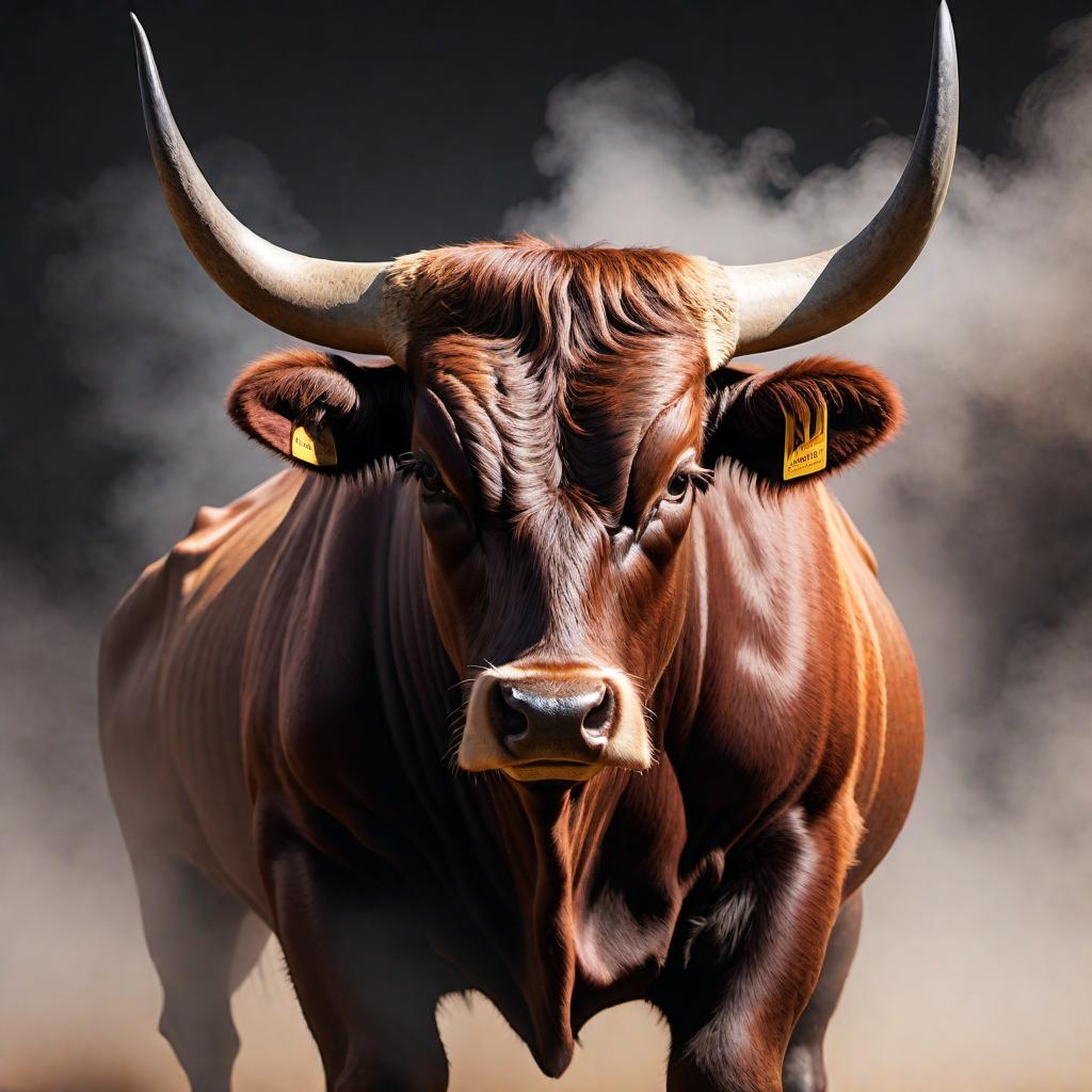  A muscular, fierce Longhorn Bull with its head lowered in an attacking stance for the 'Longhorn Beef Jerky Co.' logo. The bull's body and head should be prominently powerful and muscular, with a mean and aggressive expression. Colors used should be burnt orange, gray, black, and off-white. The eyes should be red to give a very fierce look. Smoke should be snorting from the bull's nostrils, conveying intensity and aggression. The overall design should have a rugged, rustic feel to align with the nature of the beef jerky business. hyperrealistic, full body, detailed clothing, highly detailed, cinematic lighting, stunningly beautiful, intricate, sharp focus, f/1. 8, 85mm, (centered image composition), (professionally color graded), ((bright soft diffused light)), volumetric fog, trending on instagram, trending on tumblr, HDR 4K, 8K