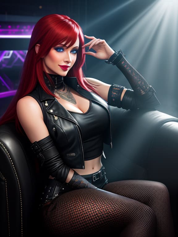  Girl in rock style, black sleeveless jacket, ripped tights in a mesh pattern, high heeled shoes, fingerless gloves, red medium length hair, blue eyes, beautiful smile, sitting on a leather armchair, nightclub in the background, ultra high quality. hyperrealistic, full body, detailed clothing, highly detailed, cinematic lighting, stunningly beautiful, intricate, sharp focus, f/1. 8, 85mm, (centered image composition), (professionally color graded), ((bright soft diffused light)), volumetric fog, trending on instagram, trending on tumblr, HDR 4K, 8K