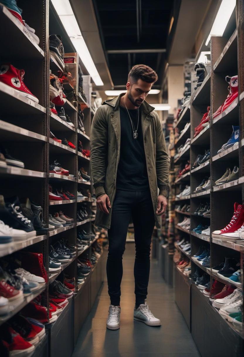  cinematic photo A man, who looks like the devil, stands near a shelf and chooses sneakers, Converse, while turning to the viewer. . 35mm photograph, film, bokeh, professional, 4k, highly detailed hyperrealistic, full body, detailed clothing, highly detailed, cinematic lighting, stunningly beautiful, intricate, sharp focus, f/1. 8, 85mm, (centered image composition), (professionally color graded), ((bright soft diffused light)), volumetric fog, trending on instagram, trending on tumblr, HDR 4K, 8K