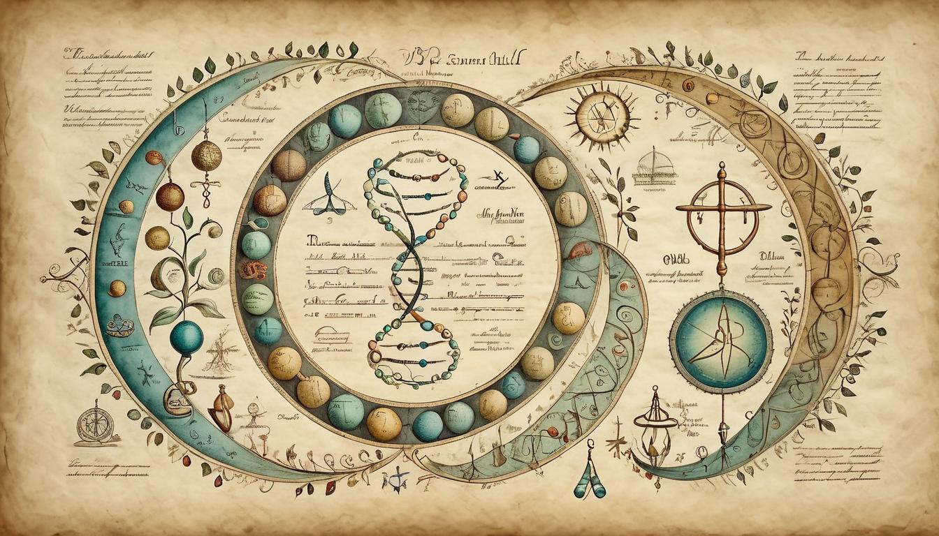  on parchment, surrealism+++, DNA strands interwoven with symbols of wellness and stress, complex and dynamic, highlighting genetic alteration through relaxation, technical and holistic(mysterious, provocative, symbolic,muted color)+++