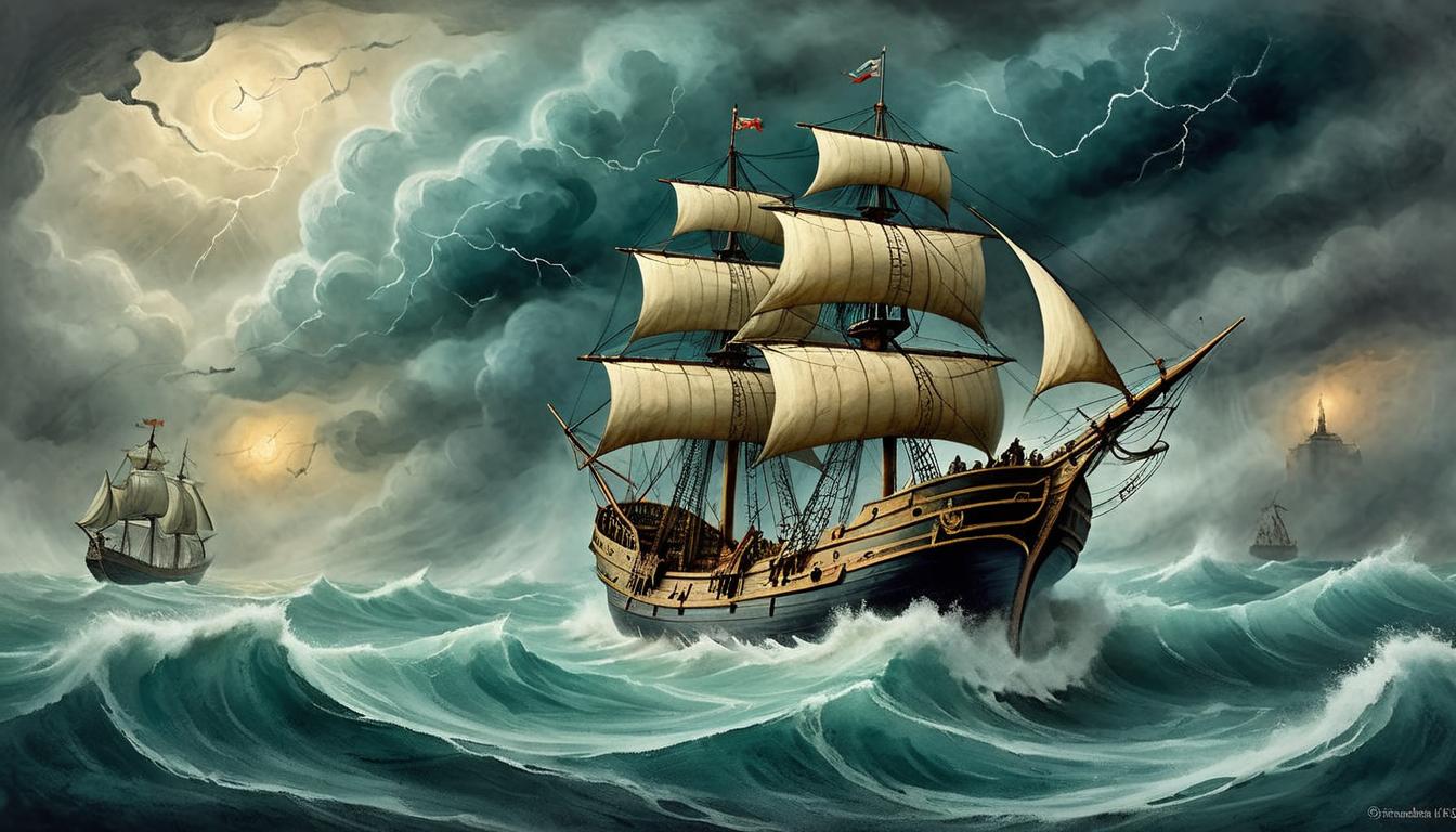  on parchment, surrealism+++, A ship anchored amidst a violent storm, sturdy and unmoving, faith, stability, strength, resilience(mysterious, provocative, symbolic,muted color)+++