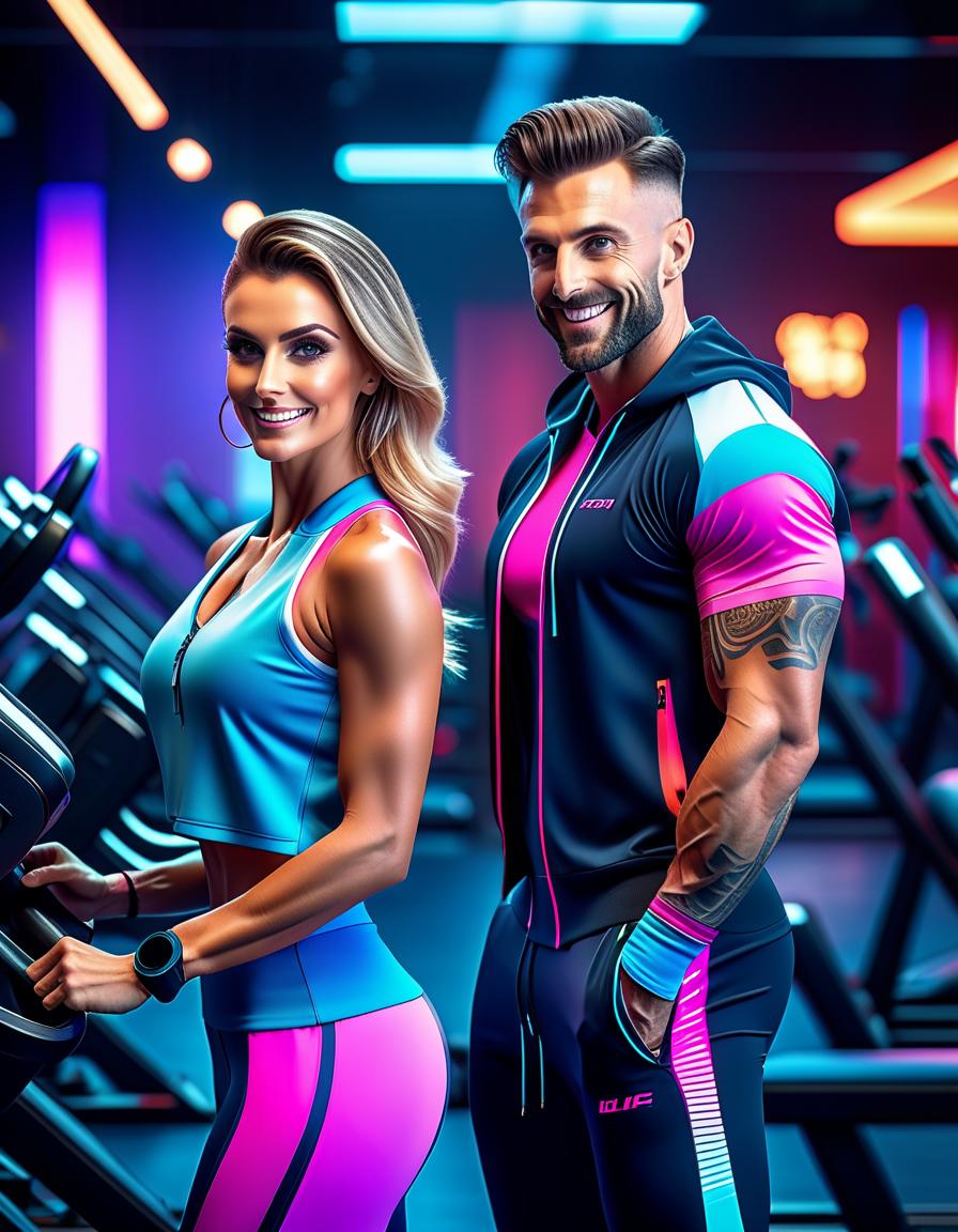  cinematic photo Happy man and happy pretty woman are doing fitness together in the gym. They smiling. They doing sport, playing sport. Beautiful slim athletic figure, tracksuits. Tanned skin. Cyberpunk style, neon multi colored highlights. Vertical neon light . 35mm photograph, film, bokeh, professional, 4k, highly detailed hyperrealistic, full body, detailed clothing, highly detailed, cinematic lighting, stunningly beautiful, intricate, sharp focus, f/1. 8, 85mm, (centered image composition), (professionally color graded), ((bright soft diffused light)), volumetric fog, trending on instagram, trending on tumblr, HDR 4K, 8K