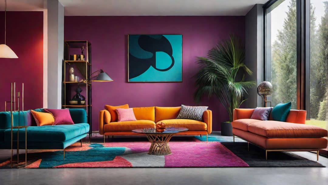  Create an image of a lively living room with bold geometric patterns and bright neon colors, capturing the essence of an 80s retro home interior design. Include a funky geometric patterned couch in eye catching neon colors, paired with a matching shag carpet. Adorn the walls with abstract art pieces and shelves filled with retro memorabilia. The atmosphere should be energetic, vibrant, and full of character, reminiscent of the eclectic 80s era. hyperrealistic, full body, detailed clothing, highly detailed, cinematic lighting, stunningly beautiful, intricate, sharp focus, f/1. 8, 85mm, (centered image composition), (professionally color graded), ((bright soft diffused light)), volumetric fog, trending on instagram, trending on tumblr, HDR 4K, 8K