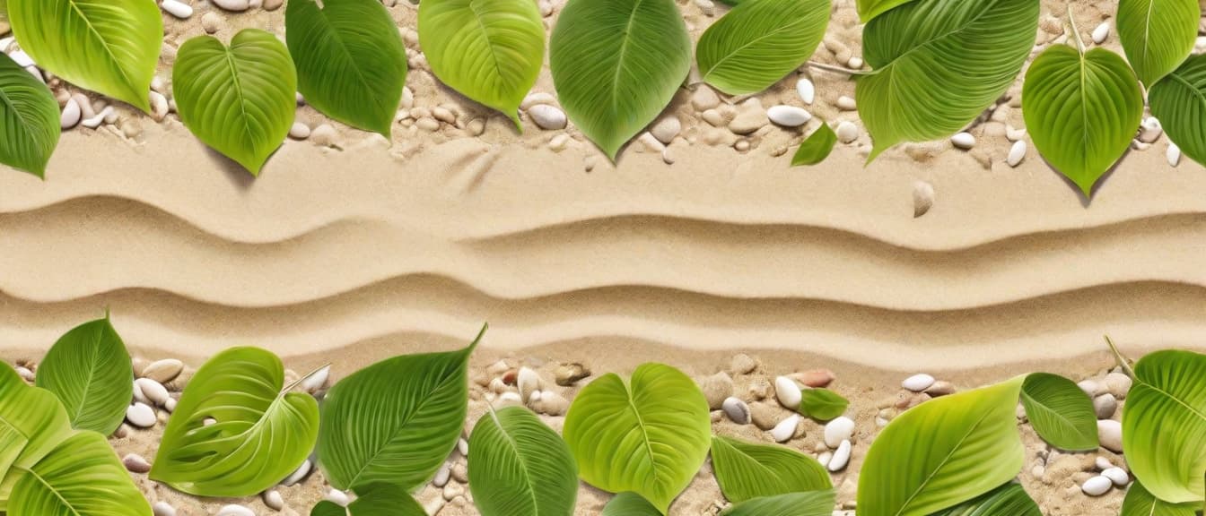  Beach summer panoramic background with illustration of an spring leaves on the sand, high quality, high details, HD, perfect composition, 4k epic detailed, highly detailed, sharp focus, high resolution