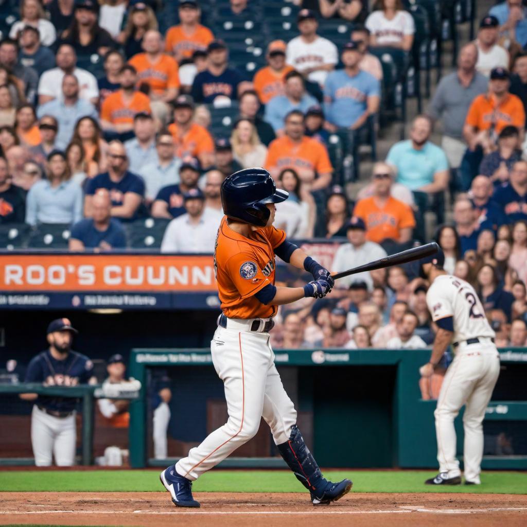  A 4-year-old boy in a Houston Astros uniform, viewed from the back, swinging a bat in the batter's box during a World Series game. The boy has the name 'Sebastian' on the back of his jersey and the number 7. The stadium is filled with cheering fans, and the field is pristine. The boy's bat is in mid-swing, connecting with the baseball. The atmosphere is electric, with bright stadium lights and a clear evening sky. hyperrealistic, full body, detailed clothing, highly detailed, cinematic lighting, stunningly beautiful, intricate, sharp focus, f/1. 8, 85mm, (centered image composition), (professionally color graded), ((bright soft diffused light)), volumetric fog, trending on instagram, trending on tumblr, HDR 4K, 8K