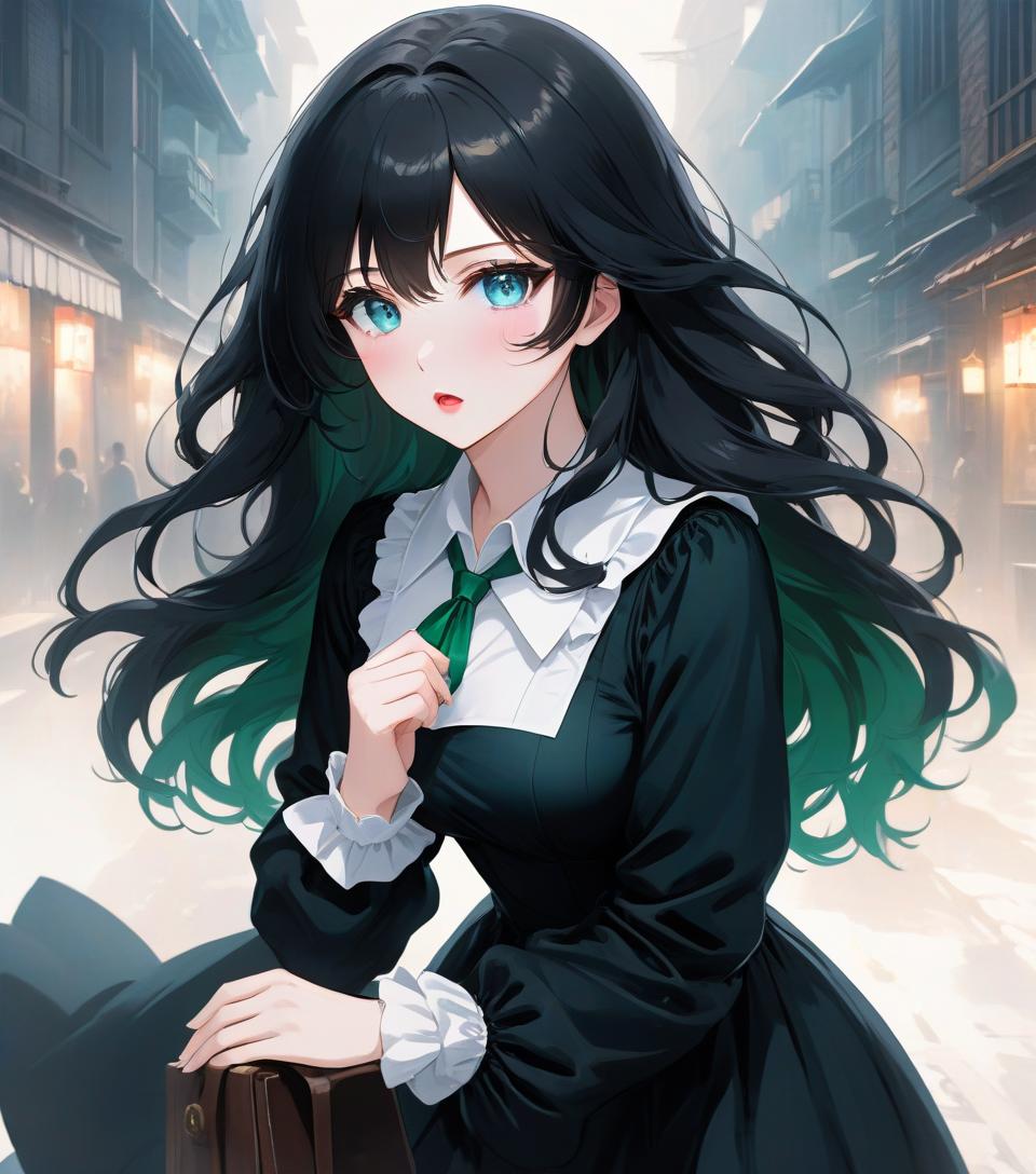  anime artwork beautiful , , white skinned, European, blue eyes, long black wavy hair, slender figure, small neat s, dressed in a black dress with a white collar and white cuffs, full length, foggy background(photorealism, oil painting: 1.3), (full length shot: 1.3), charming , long flowing black hair, (large sensual mouth: 1.2), plump lips, sparkling emerald eyes , narrow waist, (sensual drawing: 1.2), silvery glow, ethereal aura, detailed brushwork, intricate shadows and highlights, mysterious and captivating expression, unique color palette, masterful use of light and shadow, captivating atmosphere, pure emotion, intense gaze, dynamic composition. . anime style, key visual, vint, studio anime, highly d hyperrealistic, full body, detailed clothing, highly detailed, cinematic lighting, stunningly beautiful, intricate, sharp focus, f/1. 8, 85mm, (centered image composition), (professionally color graded), ((bright soft diffused light)), volumetric fog, trending on instagram, trending on tumblr, HDR 4K, 8K