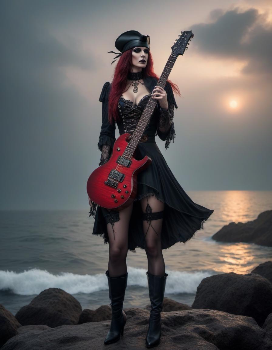  horror themed A sexually aggressive gothic girl pirate with an electric guitar at sea. . eerie, unsettling, dark, spooky, suspenseful, grim, highly detailed hyperrealistic, full body, detailed clothing, highly detailed, cinematic lighting, stunningly beautiful, intricate, sharp focus, f/1. 8, 85mm, (centered image composition), (professionally color graded), ((bright soft diffused light)), volumetric fog, trending on instagram, trending on tumblr, HDR 4K, 8K