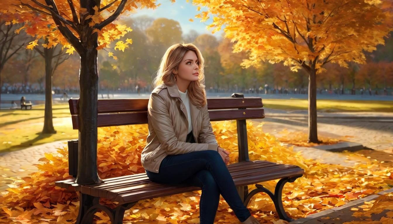  digital illustration, 1woman, thoughtful expression, sitting on a park bench, background of autumn trees, fallen leaves, contemplating changes, peaceful atmosphere, soft golden light, looking at viewer, dynamic pose, (intricate details, masterpiece, best quality)