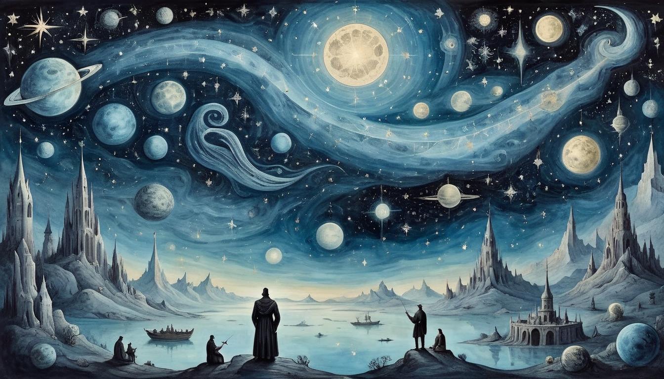  on parchment, surrealism+++, Deep conversation amidst starry expanse, constellations reflecting thought, engaging, celestial(mysterious, provocative, symbolic,muted color)+++