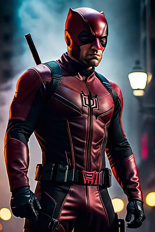  Daredevil stood high, behind him, looking down. hyperrealistic, full body, detailed clothing, highly detailed, cinematic lighting, stunningly beautiful, intricate, sharp focus, f/1. 8, 85mm, (centered image composition), (professionally color graded), ((bright soft diffused light)), volumetric fog, trending on instagram, trending on tumblr, HDR 4K, 8K