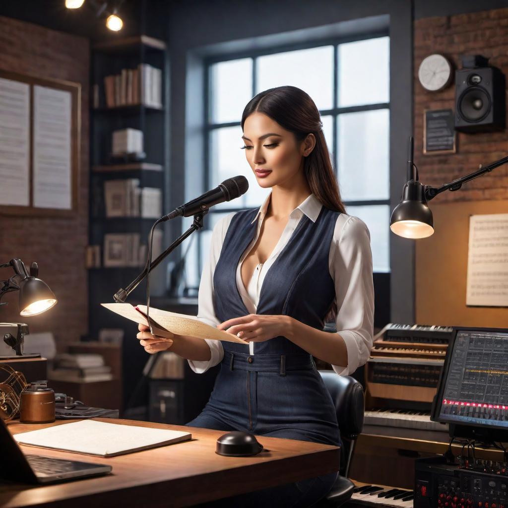  A helpful AI assistant asking detailed questions to compose song lyrics. The assistant is depicted with a friendly and thoughtful demeanor, perhaps holding a notepad or sitting in front of a computer. The background shows various musical elements like notes, instruments, and a microphone. The setting is warm and inviting, reflecting a creative workspace. hyperrealistic, full body, detailed clothing, highly detailed, cinematic lighting, stunningly beautiful, intricate, sharp focus, f/1. 8, 85mm, (centered image composition), (professionally color graded), ((bright soft diffused light)), volumetric fog, trending on instagram, trending on tumblr, HDR 4K, 8K