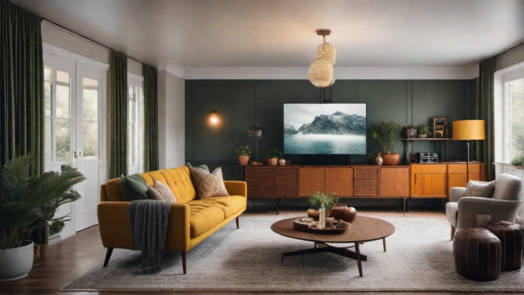  Retro family room with a cozy setup for movie nights. Include vintage furniture like a retro sofa and armchairs, a classic TV set, a popcorn maker, and old movie posters on the walls. Use warm, muted colors like mustard yellow, olive green, and burnt orange to create a nostalgic atmosphere. Ensure the lighting is dim and cozy to enhance the retro feel. additional guidelines  hyperrealistic, full body, detailed clothing, highly detailed, cinematic lighting, stunningly beautiful, intricate, sharp focus, f/1. 8, 85mm, (centered image composition), (professionally color graded), ((bright soft diffused light)), volumetric fog, trending on instagram, trending on tumblr, HDR 4K, 8K