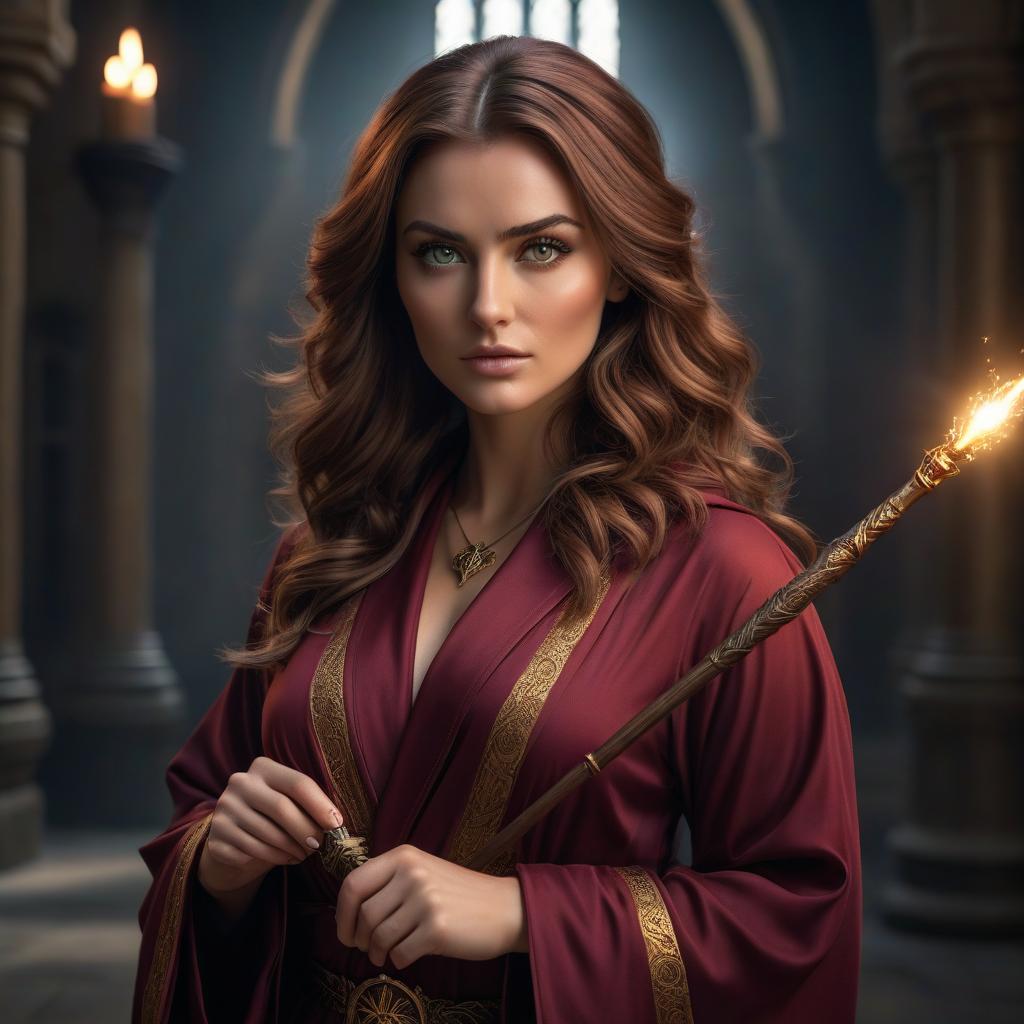  A girl with green eyes in a Griffindor robe and a wand in her hand. The robe and hair are both dark rose in color and growing. hyperrealistic, full body, detailed clothing, highly detailed, cinematic lighting, stunningly beautiful, intricate, sharp focus, f/1. 8, 85mm, (centered image composition), (professionally color graded), ((bright soft diffused light)), volumetric fog, trending on instagram, trending on tumblr, HDR 4K, 8K