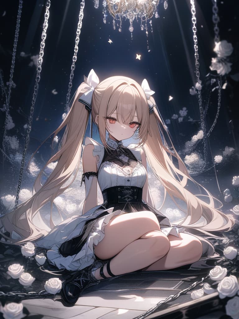  Girls, hair color beige, gothic fashion with a lot of red, white frills, many white roses, white roses, stars, fleeting, light, twin tails, chains, physical education sitting, masterpiece, best quality,8k,ultra detailed,high resolution,an extremely delicate and beautiful,hyper detail