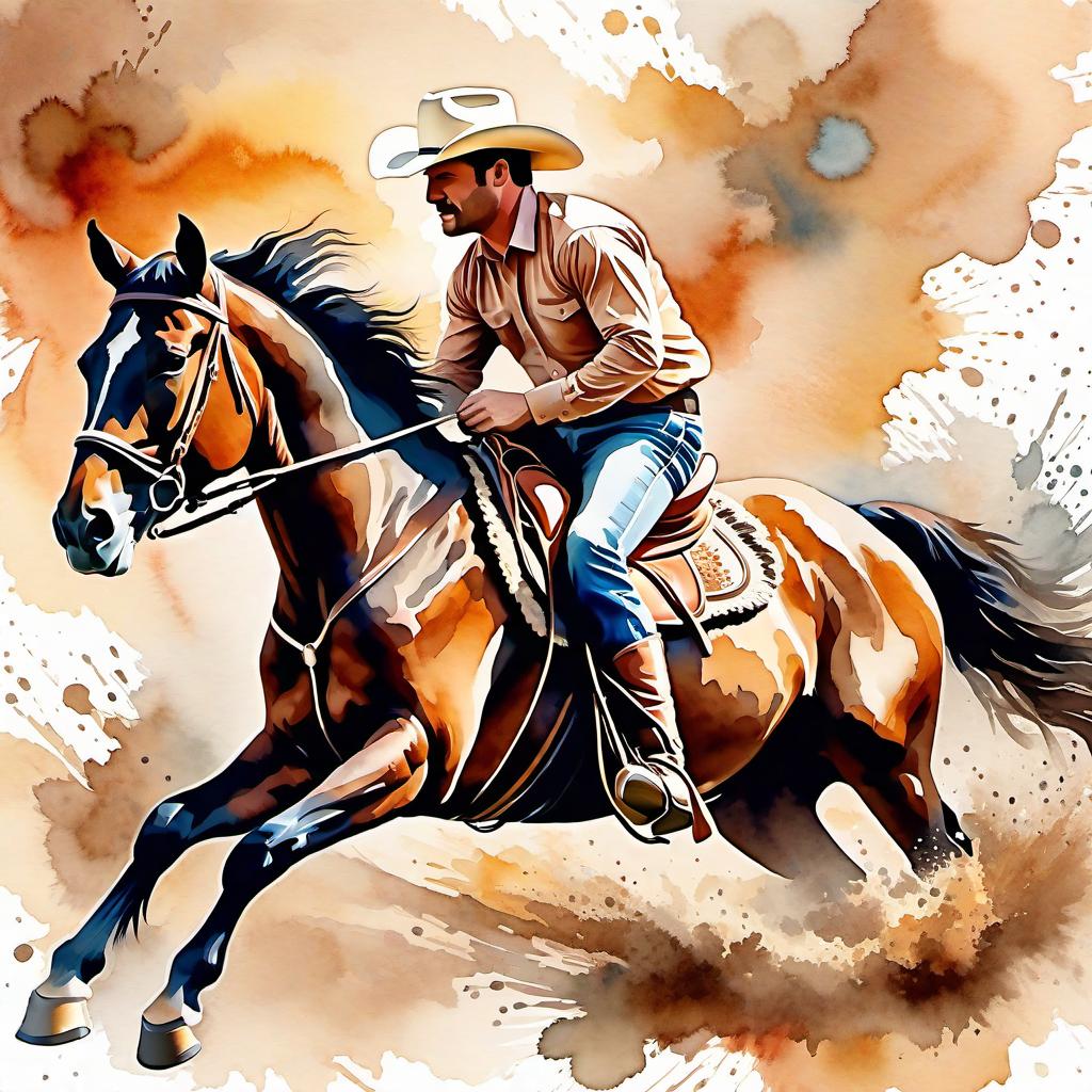  Create a watercolor painting of a man ridding a bucking horse at a rodeo. The background features soft, watercolor style splashes in earthy tones, giving the image an artistic and dreamy feel. Ensure the overall image has a delicate watercolor effect.