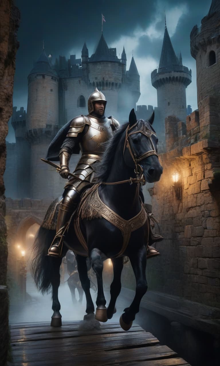  Atmospheric castle fortress, knights ride on horses over a drawbridge, clear details, double exposure, layering frames, epic, celestial vortex, painting, high resolution, beautiful, aesthetic frame, depth of field, many details, dark tones, bright colors, hyperrealistic, ultra HD, fantasy art, 30mm lens, 1/250s, f/2.8, ISO 100, 4K. hyperrealistic, full body, detailed clothing, highly detailed, cinematic lighting, stunningly beautiful, intricate, sharp focus, f/1. 8, 85mm, (centered image composition), (professionally color graded), ((bright soft diffused light)), volumetric fog, trending on instagram, trending on tumblr, HDR 4K, 8K