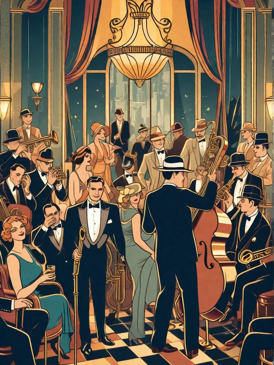  A 1920s art deco art nouveau French style party with jazz musicians with different instruments like guitar contrabass trombone trumpet saxophone piano in an artistic setting a scrawny art style 2d style with flat colors vintage, high quality, high details, HD, perfect composition, 4k epic detailed, highly detailed, sharp focus, high resolution