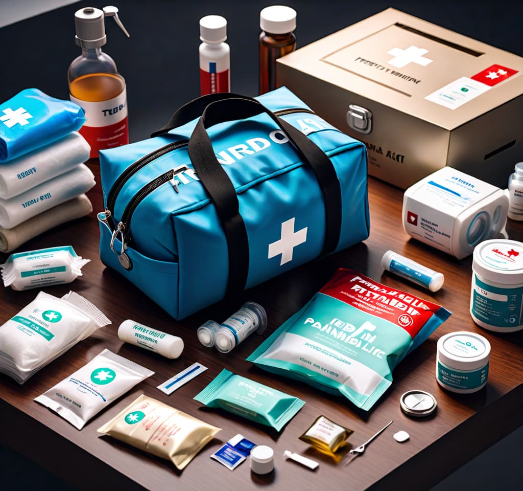  First Aid kit: Contains bandages, antiseptics, painkillers and other medical supplies. hyperrealistic, full body, detailed clothing, highly detailed, cinematic lighting, stunningly beautiful, intricate, sharp focus, f/1. 8, 85mm, (centered image composition), (professionally color graded), ((bright soft diffused light)), volumetric fog, trending on instagram, trending on tumblr, HDR 4K, 8K