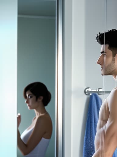  A picture of a young man watching his naked mother take a shower, (masterpiece, best quality:1.5), HDR 4K, 8K