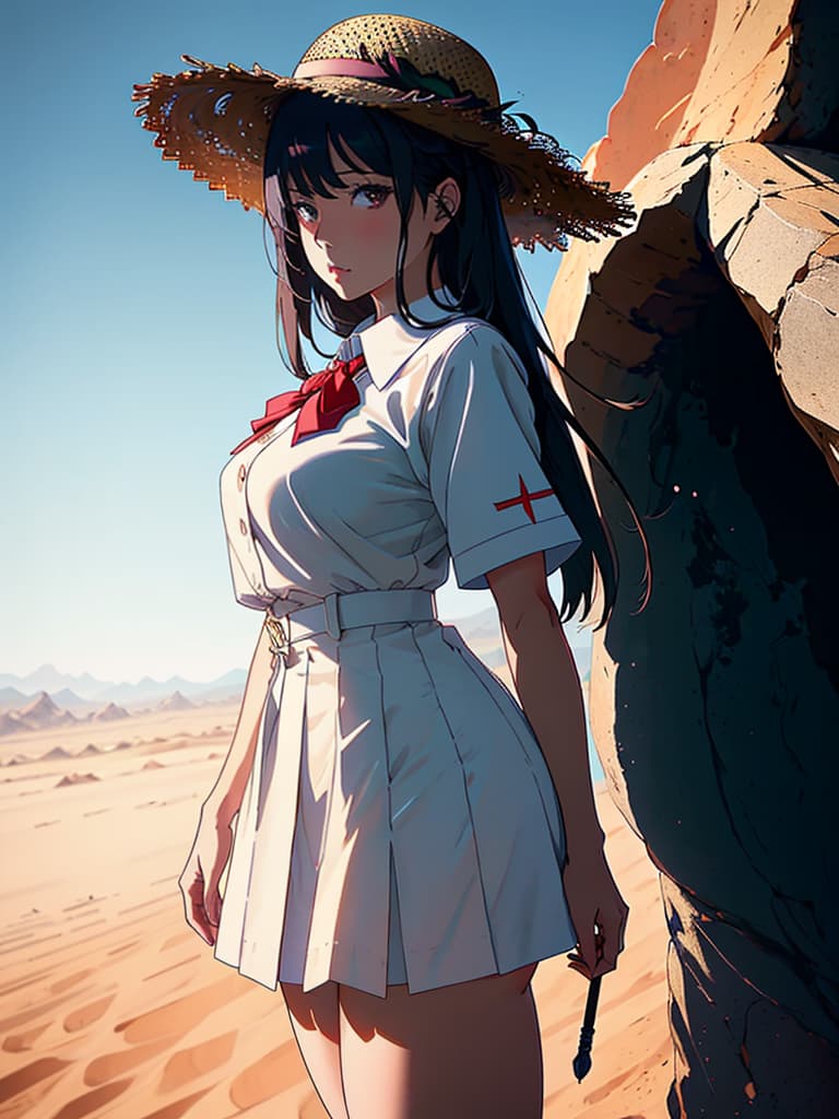  (score 9), score 8 up, highres, 1girl, anime, school uniform, straw hat, desert hyperrealistic, full body, detailed clothing, highly detailed, cinematic lighting, stunningly beautiful, intricate, sharp focus, f/1. 8, 85mm, (centered image composition), (professionally color graded), ((bright soft diffused light)), volumetric fog, trending on instagram, trending on tumblr, HDR 4K, 8K