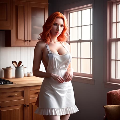  Scarlett Johansson dressed in playful maid, beautiful face, detailed, very long wavy hair, naked under apron, amazing body, pronounced feminine feature, huge boobs, kitchen, [ash blonde | ginger | pink hair], freckles, flirting with camera hyperrealistic, full body, detailed clothing, highly detailed, cinematic lighting, stunningly beautiful, intricate, sharp focus, f/1. 8, 85mm, (centered image composition), (professionally color graded), ((bright soft diffused light)), volumetric fog, trending on instagram, trending on tumblr, HDR 4K, 8K
