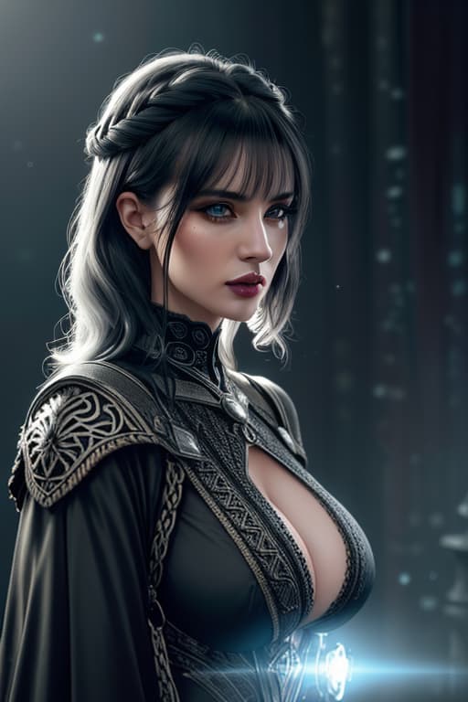  ultra realistic side portrait ((beautiful pale medieval sexiest lady with heavy black eyeliner)), stunning body, staring viewer, blue eyes, shaved side long wavy haircut, huge boobs, deep cleavage, hyper detail, cinematic lighting, magic neon, dark red medieval city, Canon EOS R3, nikon, f/1.4, ISO 200, 1/160s, 8K, RAW, unedited, symmetrical balance, in frame, 8K hyperrealistic, full body, detailed clothing, highly detailed, cinematic lighting, stunningly beautiful, intricate, sharp focus, f/1. 8, 85mm, (centered image composition), (professionally color graded), ((bright soft diffused light)), volumetric fog, trending on instagram, trending on tumblr, HDR 4K, 8K
