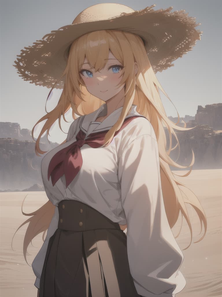  (score 9), score 8 up, highres, 1girl, anime, school uniform, straw hat, desert hyperrealistic, full body, detailed clothing, highly detailed, cinematic lighting, stunningly beautiful, intricate, sharp focus, f/1. 8, 85mm, (centered image composition), (professionally color graded), ((bright soft diffused light)), volumetric fog, trending on instagram, trending on tumblr, HDR 4K, 8K