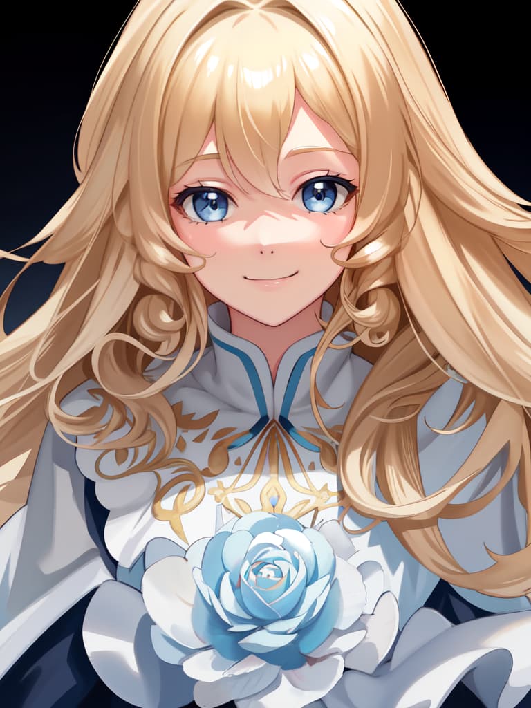  Blonde, blue eyes, loose fluffy perm, smile, close, masterpiece, best quality,8k,ultra detailed,high resolution,an extremely delicate and beautiful,hyper detail