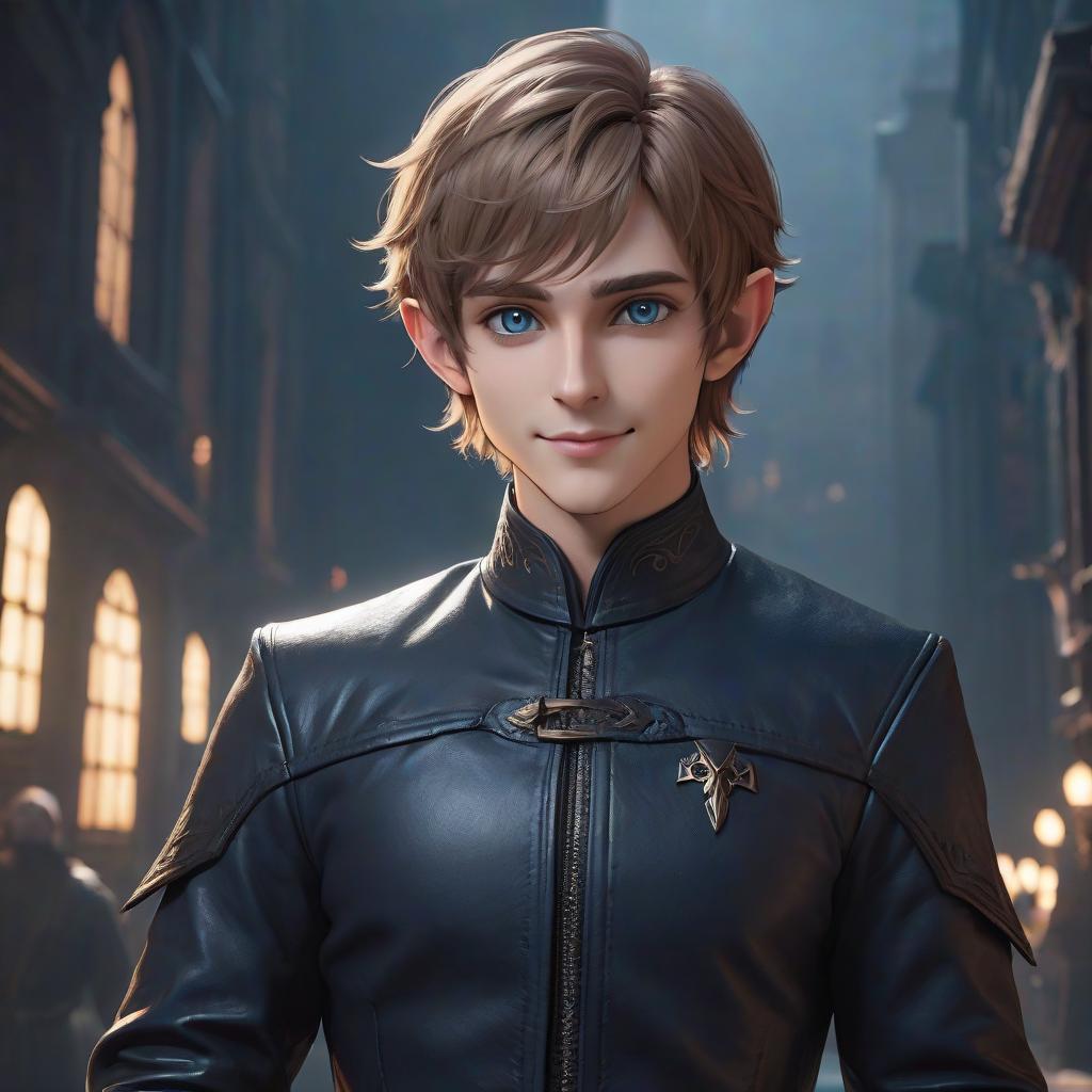  The guy is an elf with light brown hair. The hair is short, slightly curly. The eyes are a bright deep dark blue color. The face is round. He's smiling. His eyes are slyly narrowed. He is confident in himself. He's wearing a black leather jacket. He is an elf assassin hyperrealistic, full body, detailed clothing, highly detailed, cinematic lighting, stunningly beautiful, intricate, sharp focus, f/1. 8, 85mm, (centered image composition), (professionally color graded), ((bright soft diffused light)), volumetric fog, trending on instagram, trending on tumblr, HDR 4K, 8K