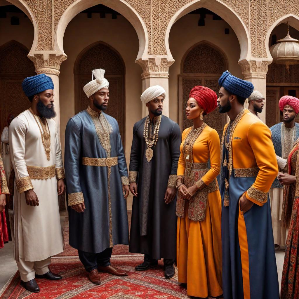  A vivid and detailed image of Moorish Americans. The scene depicts individuals wearing traditional Fezzes and Turbans, reflecting their cultural heritage. They are dressed in elegant attire that combines elements of their Moorish ancestry with modern influences. The background includes a community gathering space with elements of Moorish architecture such as arches and intricate patterns, suggesting a harmonious blend of history and contemporary life. The atmosphere is warm and inviting, with people engaging in conversations and activities that reflect their rich cultural traditions. hyperrealistic, full body, detailed clothing, highly detailed, cinematic lighting, stunningly beautiful, intricate, sharp focus, f/1. 8, 85mm, (centered image composition), (professionally color graded), ((bright soft diffused light)), volumetric fog, trending on instagram, trending on tumblr, HDR 4K, 8K