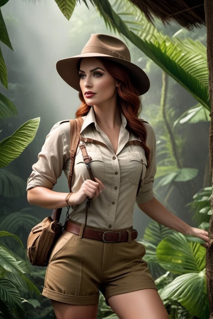  1920’s era young female,auburn haired,jungle explorer , wearing her khaki shorts and shirt with khaki knee socks , captured by coiling vine hyperrealistic, full body, detailed clothing, highly detailed, cinematic lighting, stunningly beautiful, intricate, sharp focus, f/1. 8, 85mm, (centered image composition), (professionally color graded), ((bright soft diffused light)), volumetric fog, trending on instagram, trending on tumblr, HDR 4K, 8K