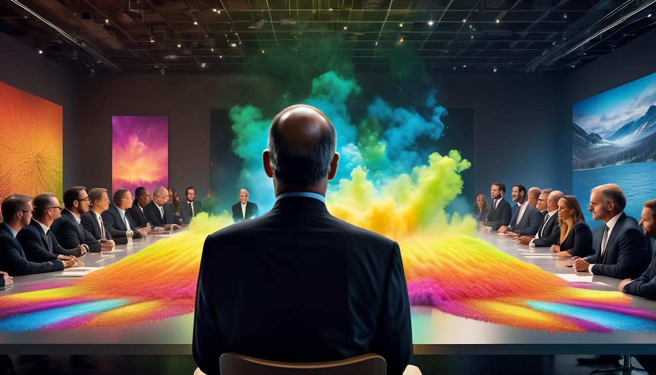  fluorescent dust, fluorescent spraypaint, fluorescent grain, fluorescent make up Steve Jobs in an animated discussion with a boardroom of executives, displaying determination and vision. The background includes elements from various stages of Apple's development, like sketches of products. Ethereal beings with mixed expressions of doubt and interest surround the scene, mood of contention and visionary leadership.dust, cinematic film, best quality, high resolution, realistic, 8k, dynamic angle, serene, extremely detailed, absurdres particle effect, wonderful night dreamlike glowing masterpiece, celestial, detailed, realistic, image concept art, phenomenal mesmerise, maximalist,